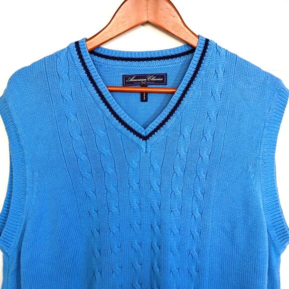 American Classics Russell Simmons Blue Cableknit Sweater Vest Mens L 42-44 Prep - Picture 3 of 7